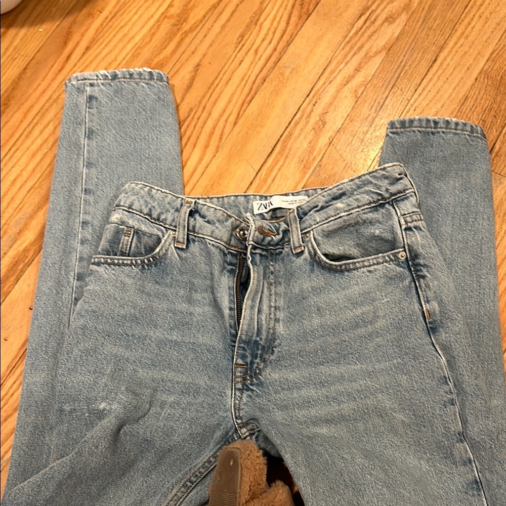 Zara Blue Straight Leg Jeans with Distressed Hem